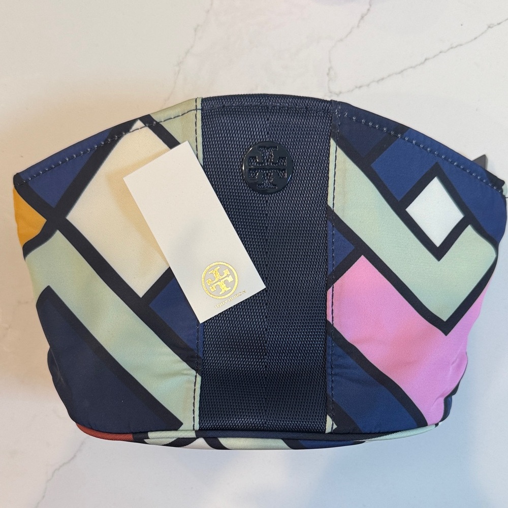 Tory Burch Geometric Print Cosmetic Pouch in Navy, Pink & Mint